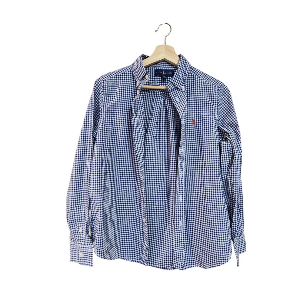 Ralph Lauren Boys Gingham Long Sleeve Button-Down Shirt L/G 14-16 Blue/White
